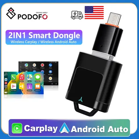 Podofo Wired To Wireless CarPlay Android Auto AI Smart Box Type-C Plug and Play Auto Connect for Car Intelligent Systems Stereo