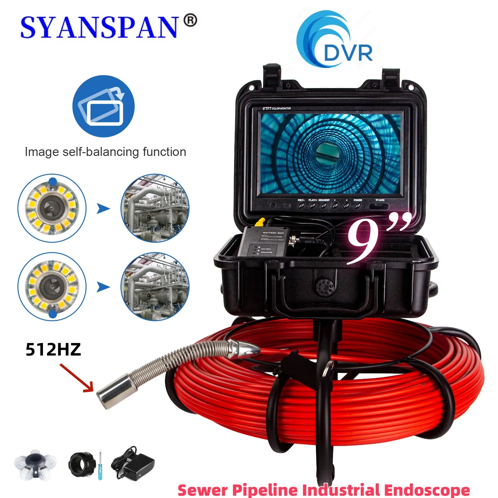 Pipe Inspection Camera 512Hz sonde/transmitter+self-leveling, SYANSPAN 9Inch HD1080P Screen Sewer Drain Industrail Endoscope DVR