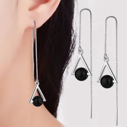 Fashion Piercing Ear Line Drop Earrings For Women Dangle Triangle Black Bead Long Box Chain Charming Female Earring Jewelry Gift