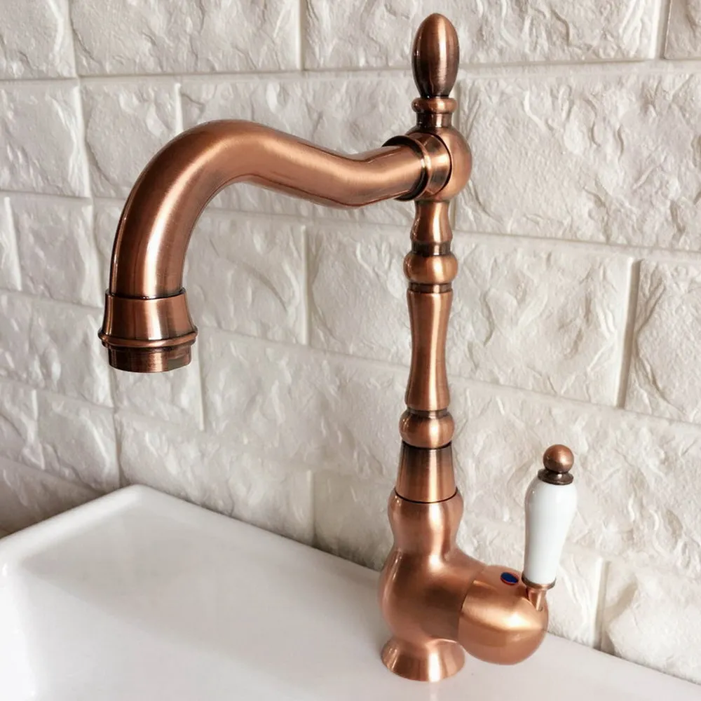 Modern Antique Red Copper Cold and Hot Water Washbasin Faucet Mixer Kitchen Sink Tap Swivel Spout Faucets Deck Mounted tnf422