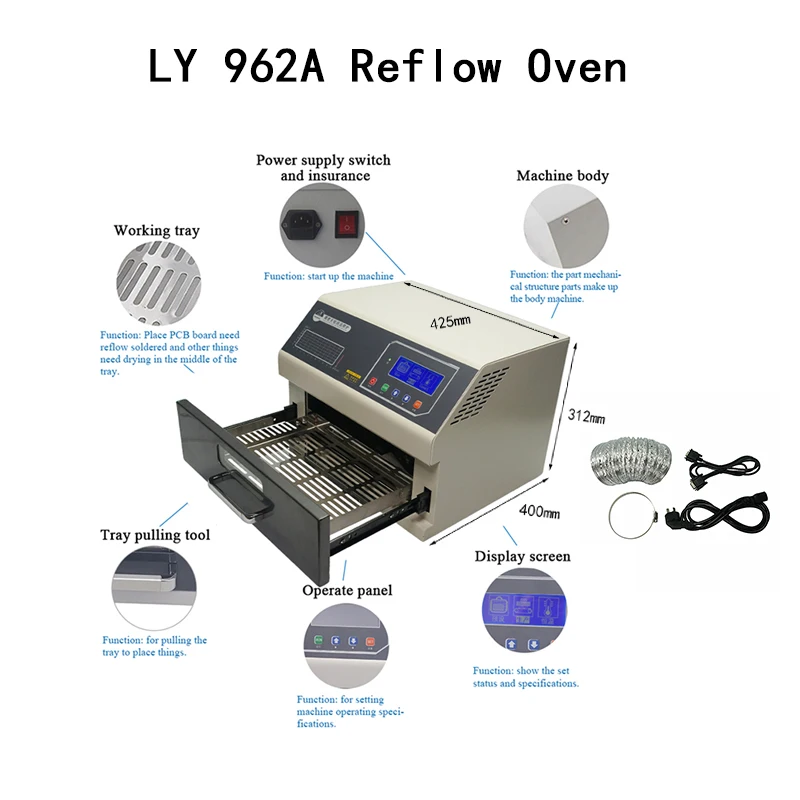 

LY 962A Digital Display Reflow Welding Machine 1600W 110V 220V Programmable Reflow Oven Soldering Station