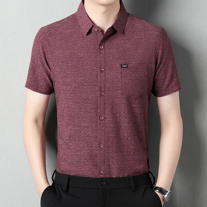 Men's Mulberry Silk Dress Shirts Short Sleeve Non Iron Wrinkle Linen Shirt Breast Pocket Tops Casual High End Quality Clothing