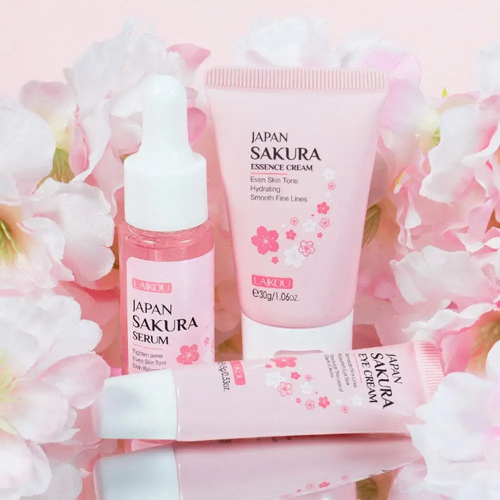 Kit de cuidado de la piel Sakura de 3 piezas para mujer, crema facial, esencia facial, sérum para ojos, set hidratante para el cuidado de la piel del rostro, caja de regalo.