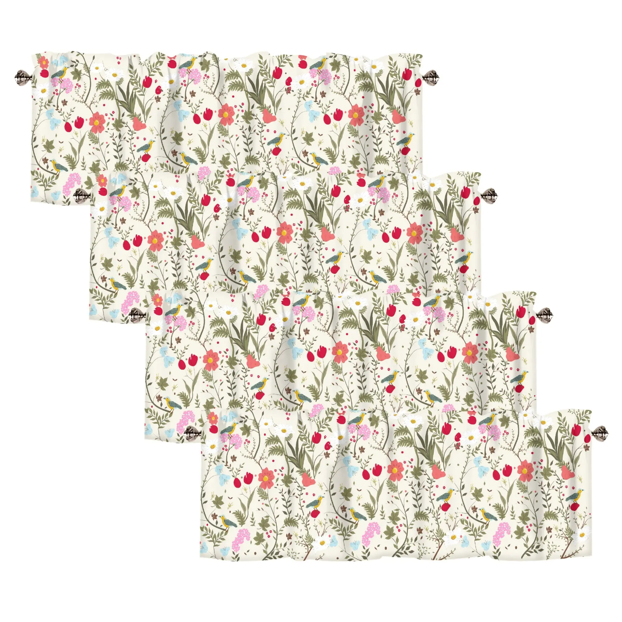 

4 Panel Spring Summer Wildflowers Short Curtains Rod Pocket Curtain Valance for Windows Kitchen Window Bathroom Bedroom