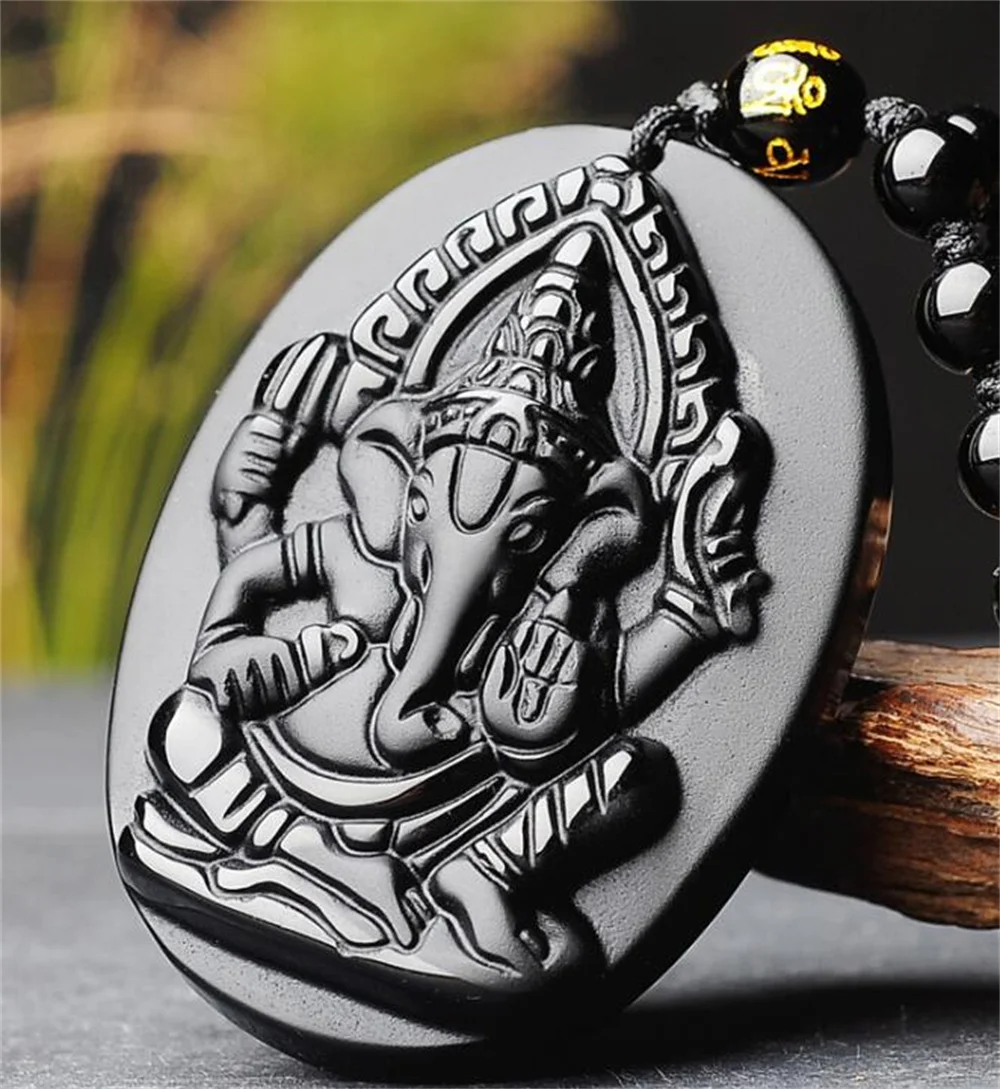 Beautiful Handwork Natural Black Obsidian Carved Elephant Nose Buddha God of Wealth Lucky Pendant + Beads Necklace Gift Jewelry