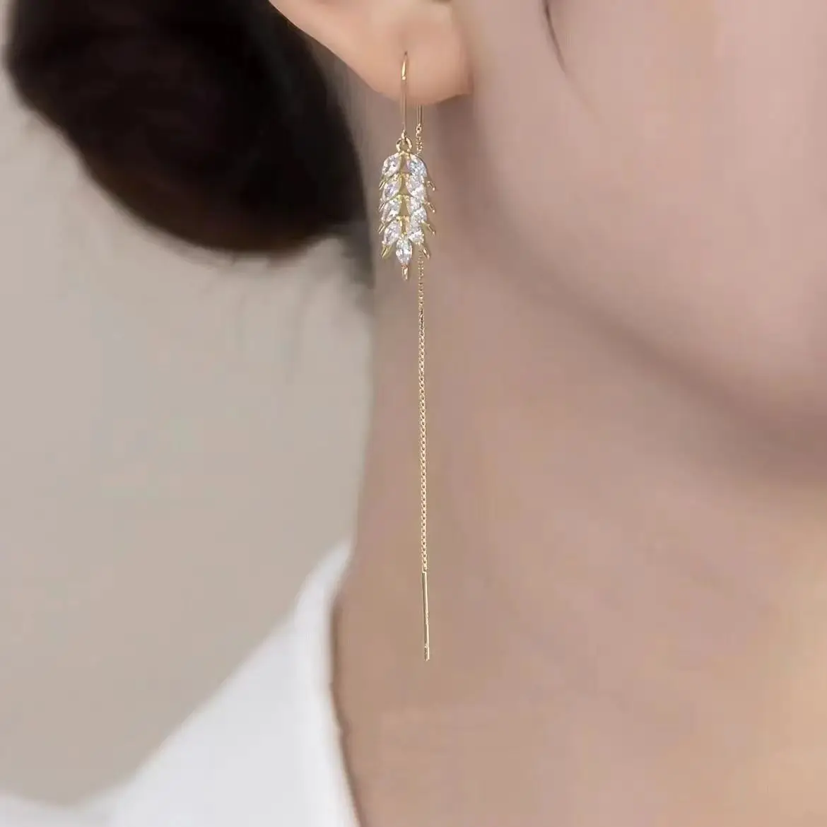 Korean Fashion Temperament Leaf Full Zircon Wheat Ear Thread High-end Versatile Design Anniversary Party Jewelry Gifts