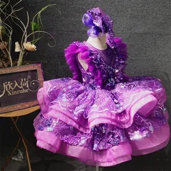 Luxury New Girls Dresses Ball Gown Tiered Tulle Floral Girls Birthday Party Gowns with Headpiece