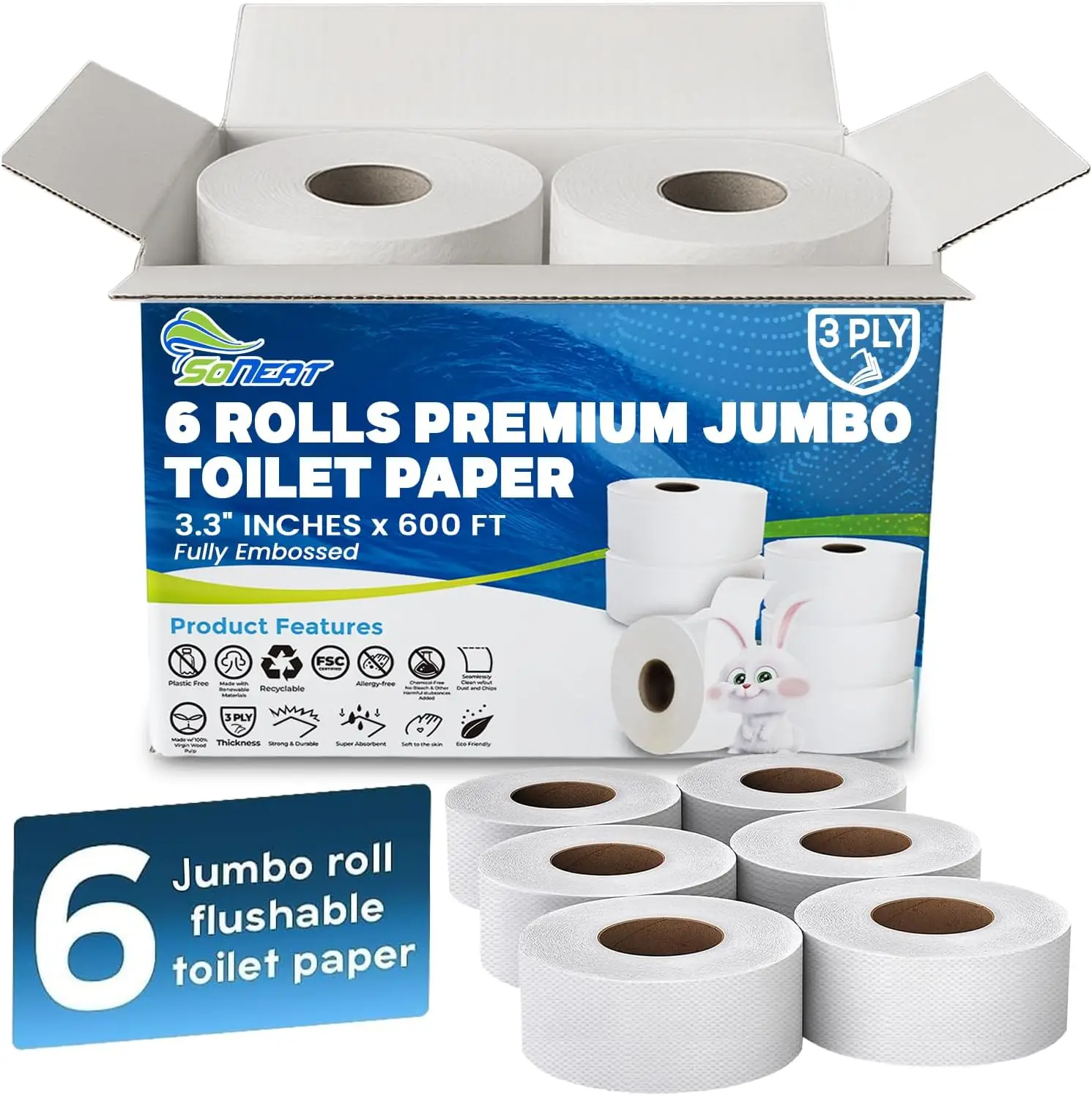 

Коммерческие рулоны туалетной бумаги Jumbo, 3-слойные, 9 дюймов, оптом для стандартных диспенсеров, 100% переработанные волокна, мягкие и впитывающие, упаковка из 6 рулонов