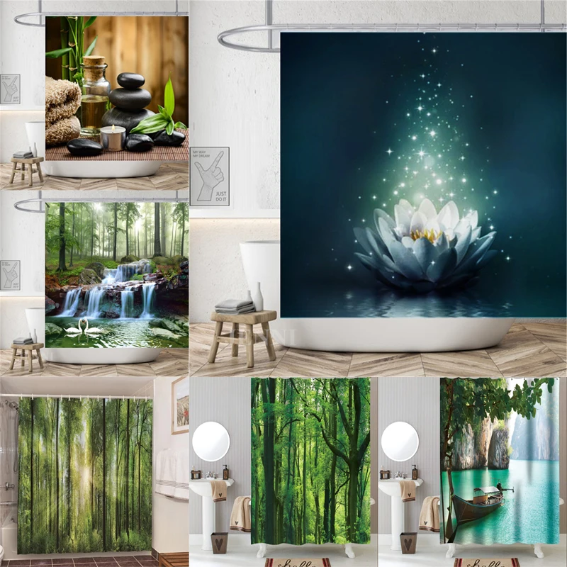 Buddha statue shower curtain waterproof polyester shower curtain rural scenery stream stone lotus print shower curtain with hook