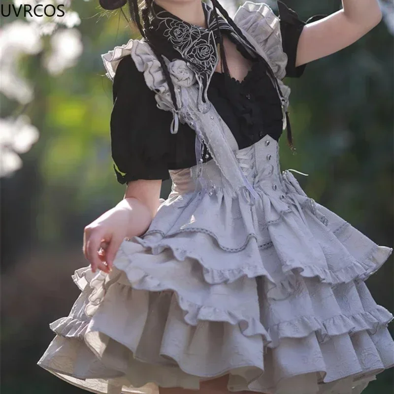 Abito Lolita gotico vittoriano giapponese da donna stile punk con fiocco rosa senza maniche abiti con cinturino fasciatura Harajuku Y2k mini abito da festa