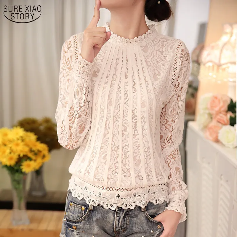 Spring Autumn New Ladies White Blusas Women\'s Long Sleeve Chiffon Lace Crochet Tops Blouses Women Clothing Feminine Blouse 51C