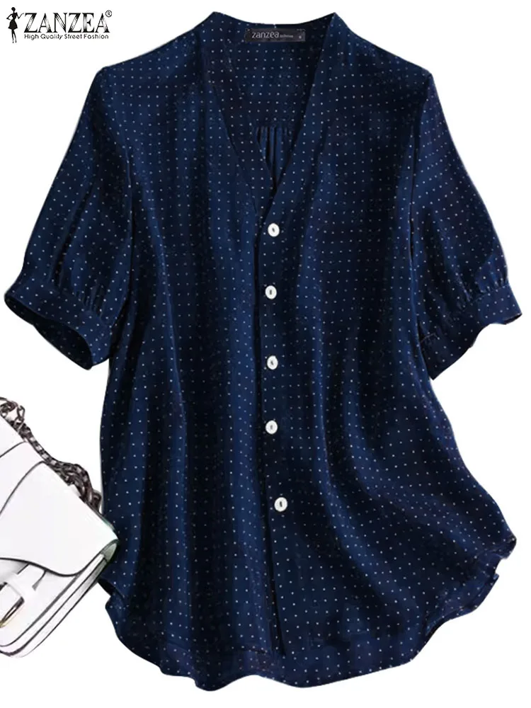 

ZANZEA Women Fashion V-neck Dots Blouse 2024 Summer Lantern Short Sleeve Shirt Casual Buttons Tunics Elegant Office Loose Blusas