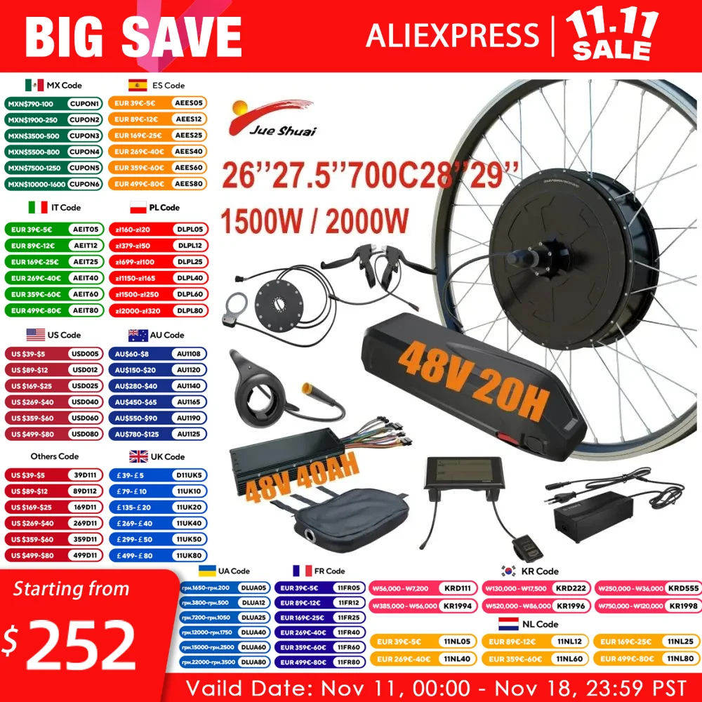 1500W 2000W 48V Electric Bike Coversion Kit 26''27.5''700C29'' Brusheless Gearless Hub Motor Wheel 20Ah Hailong Lithium Battery