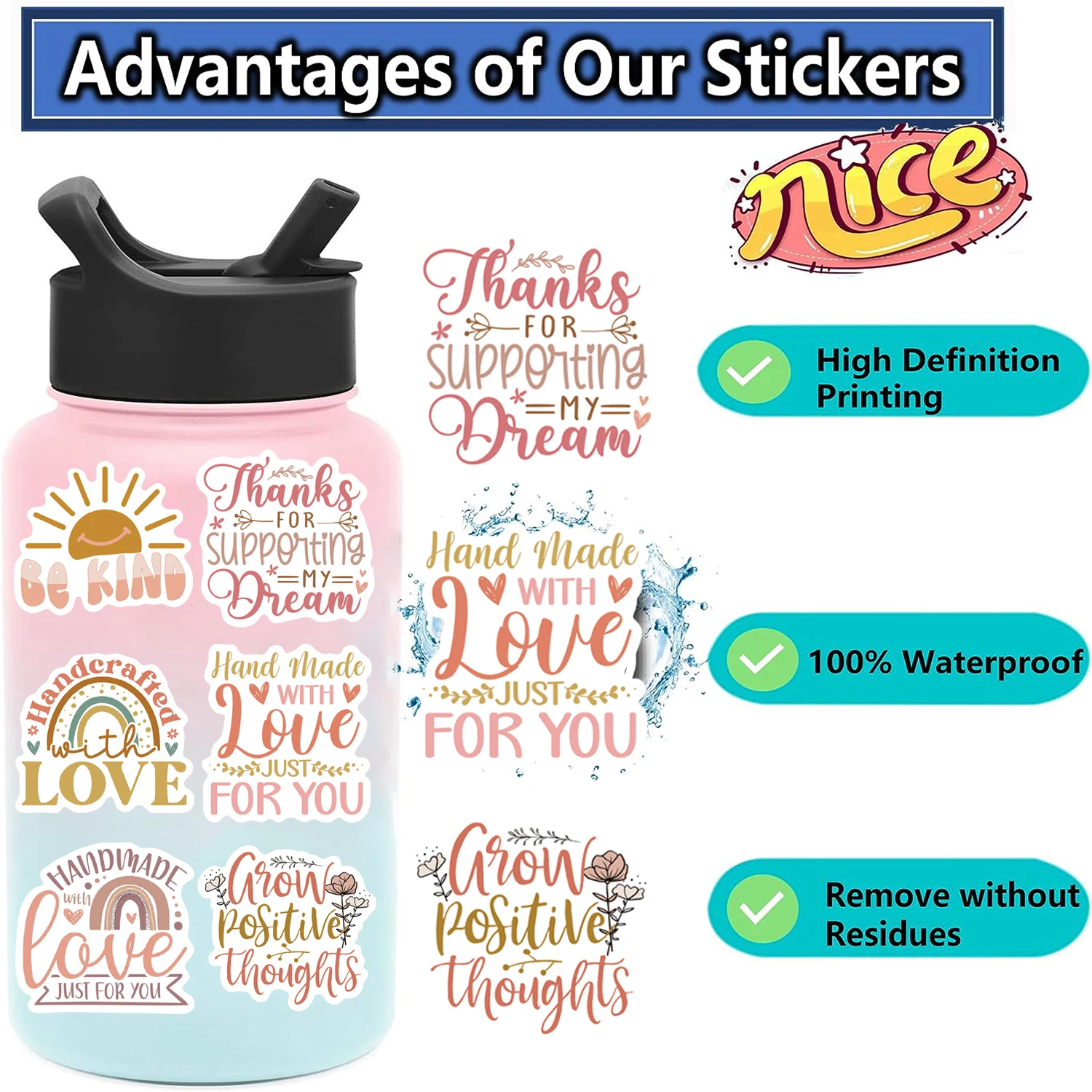50Pcs Boho Thank You Stickers For Water Bottle Laptop Luggage Skateboard Scrapbook Decal Party Gifts Graffiti Aesthetic Sticker