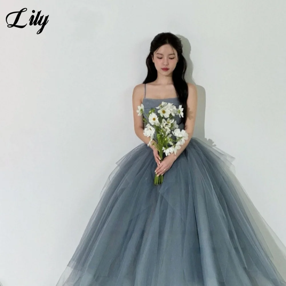 

Lily Gray Blue Elegant Evening Dress Strapless Spaghetti Straps Prom Dress Pleating Trailing Party Formal Gown 프롬 드레스 Customized