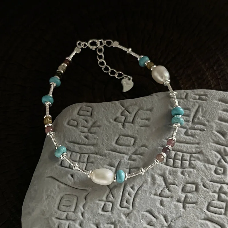 

18cm Silver Bracelet For Women Pearl Bracelet Silver Beads Bamboo 925 Jewelry Fashion Chain Bracelets Female Blue Stone