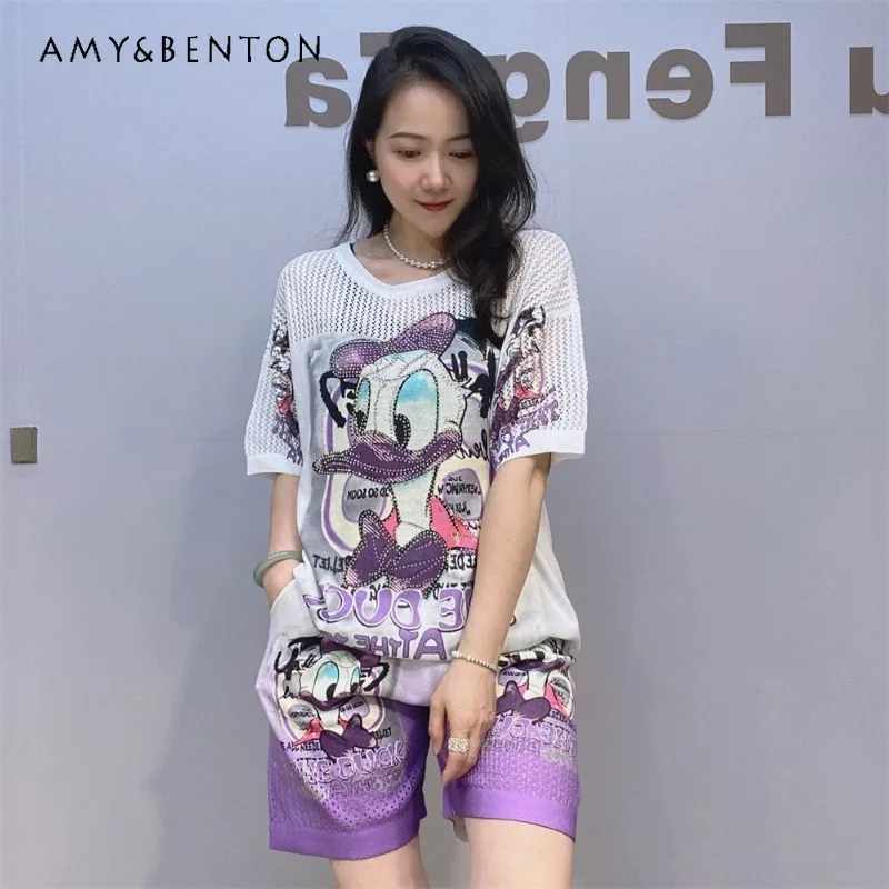 

2024 Women's Clothing Fashion Short Sleeved T-shirt And Shorts Set Summer Style Printed Rhinestones Knitwear Casual 2 Piece Suit