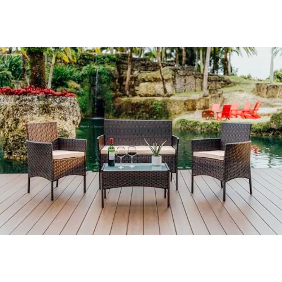 

Nestl Плетеная мебель для патио — набор из 4 предметов с 2 стульями, двухместный журнальный столик со стеклянной столешницей, уличная мебель для бассейна на заднем дворе или