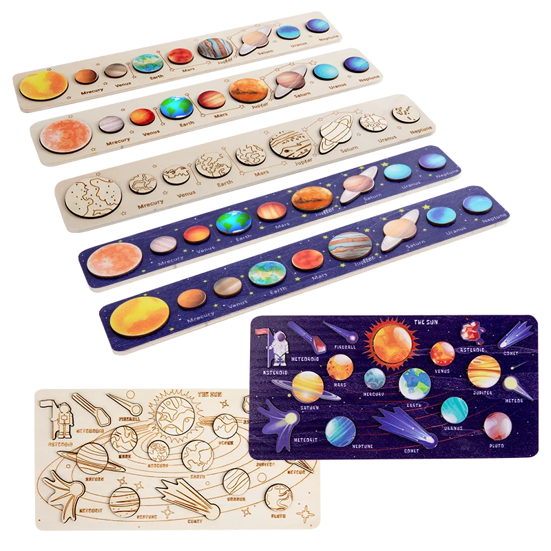 Children Wooden Space Planet Puzzles Montessori Toys Planet Matching Game Jigsaw Tray Universe Solar System Science Learning Toy