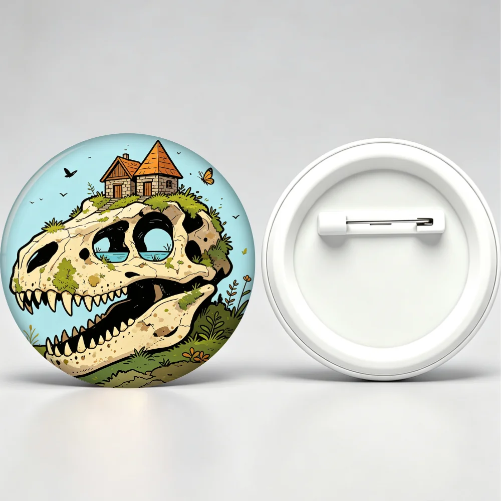 Cartoon Badge, Dinosaur Skull Cottage Art Pin, Round Tin Brooch for Backpack Clothes Decor