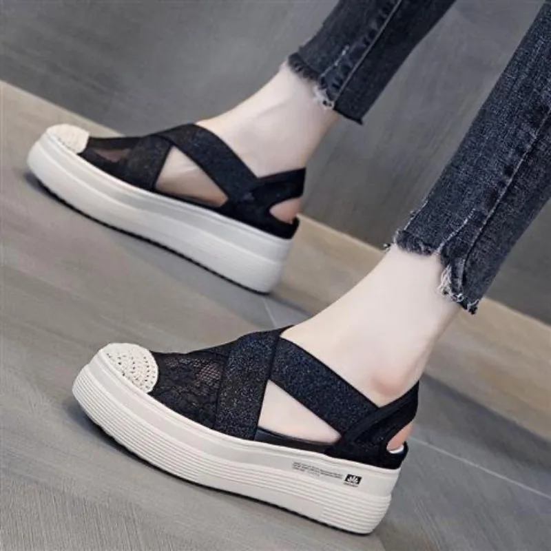

2025 Summer Fairy Style Lace Thick Bottom Lazy Baotou Fisherman Fashion Casual Shoes Women's Shoes