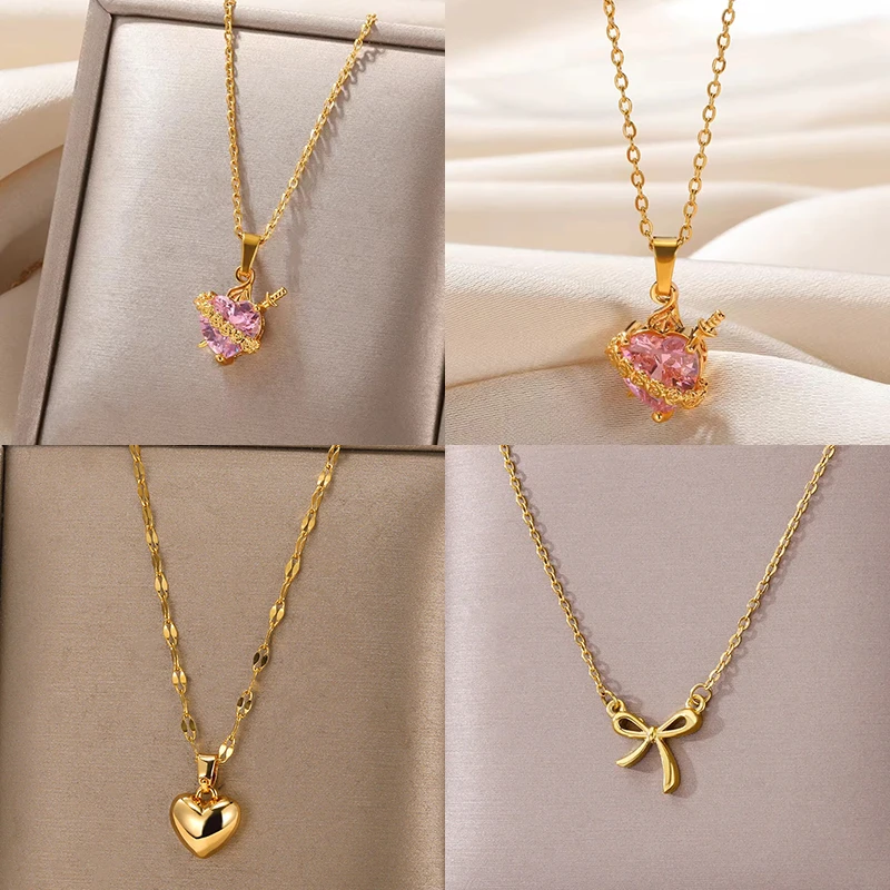 Colar de Zircônia Coração Rosa em Aço Inoxidável Dourado com Pingente de Coração Flecha de Cupido Eros Joia de Moda Coreana para Festa