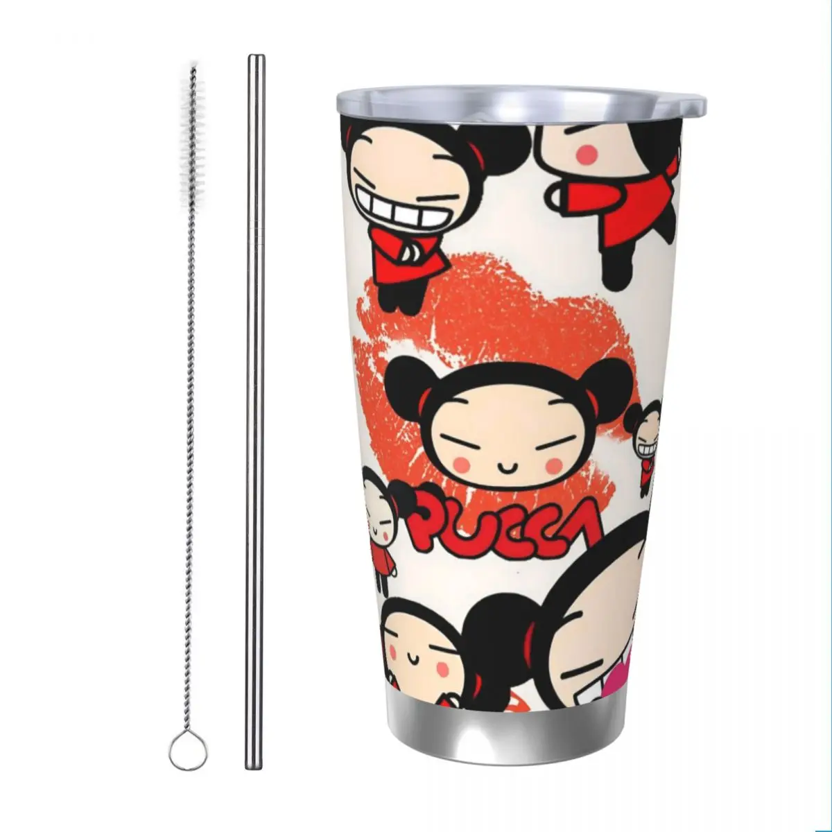 Cute Cartoon Pucca 20oz Stainless Steel Car Mug Straw Thermal Iced Travel Cup Vacuum Insulated Coffee Hot Cup