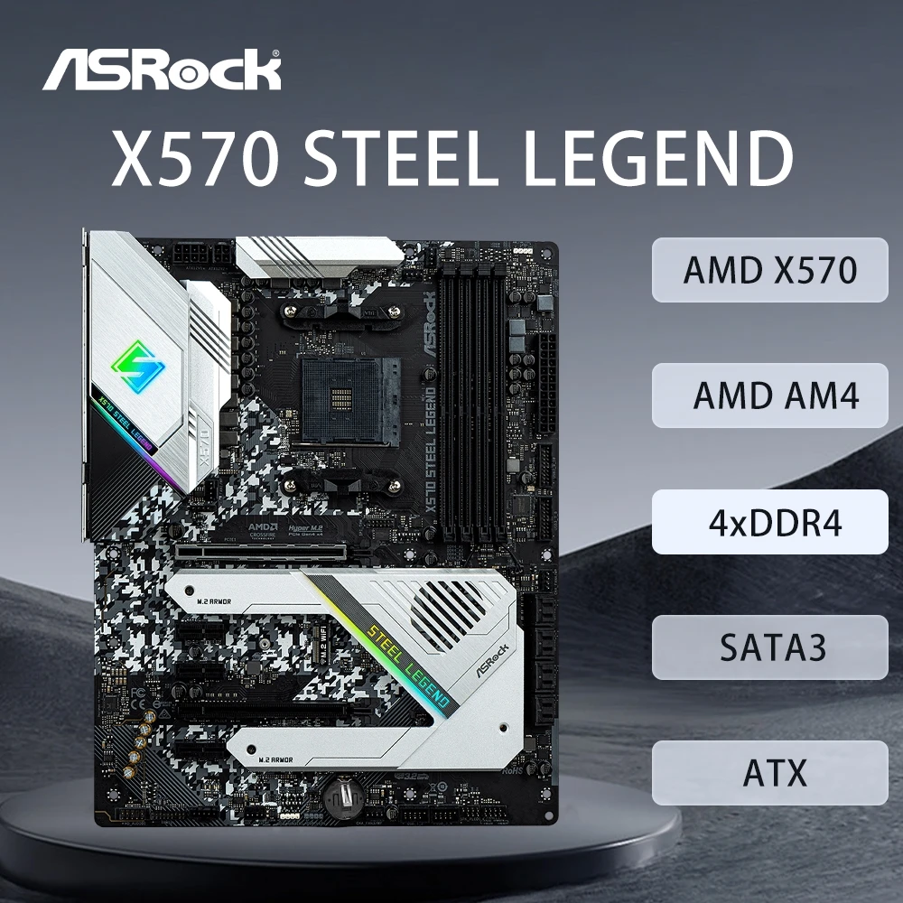 ASRock X570 STEEL LEGEND Motherboard Support 5500 5600 5600X 5700X 5700x3D 5800x3D CPU 4xDDR4 128GB AMD AM4 HDMI ATX Mainboard