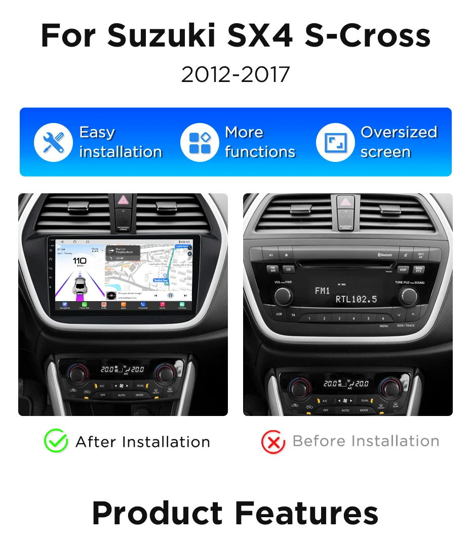 Junsun 360 ° Panorama-Kamera-Autoradio für Suzuki SX4 S-Cross 2012-2017, kabelloses CarPlay, Bildschirm, Android Auto, Stereo, GPS-Navigation, RDS – Detail 2