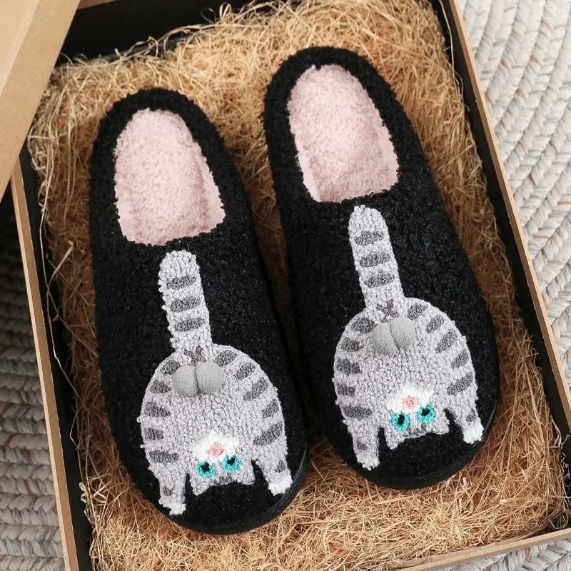 Men's Funny Cartoon Cat Cotton Slippers Women's Winter Comfortable Thick Plush Warm Plush Anti-slip Couples Home Fluffy Slides
