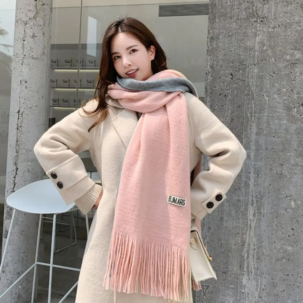 Tasseled Hem Scarf Color Block Design Scarf Cozy Winter Scarf with Tassel Decor Windproof Patchwork Design for Women for Outdoor