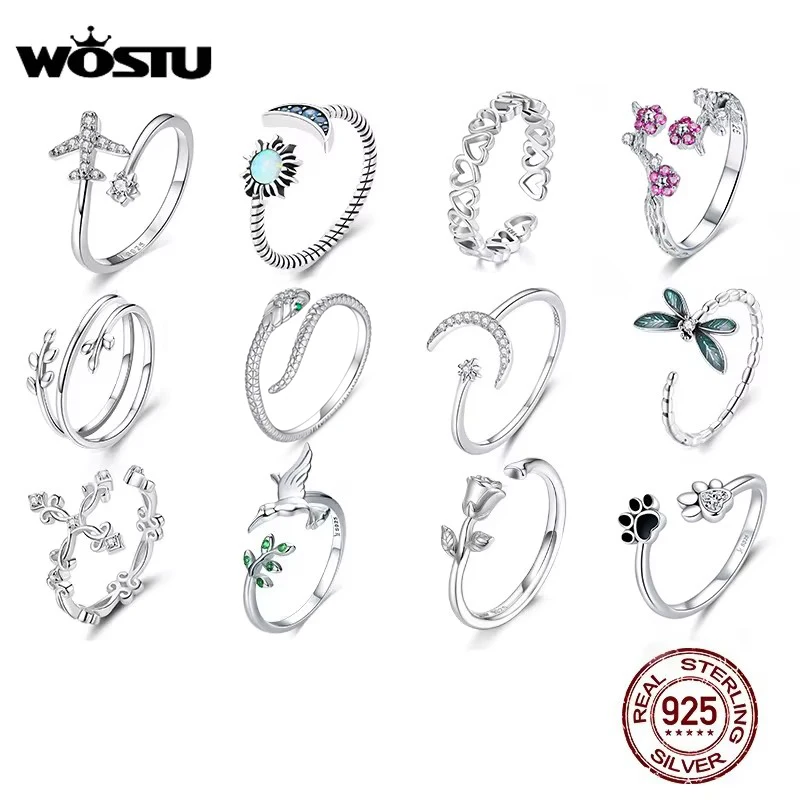 

WOSTU Adjustable Rings Real 925 Sterling Silver Stackable Engagement Zircon Open Size Rings For Women Female Original Jewelry