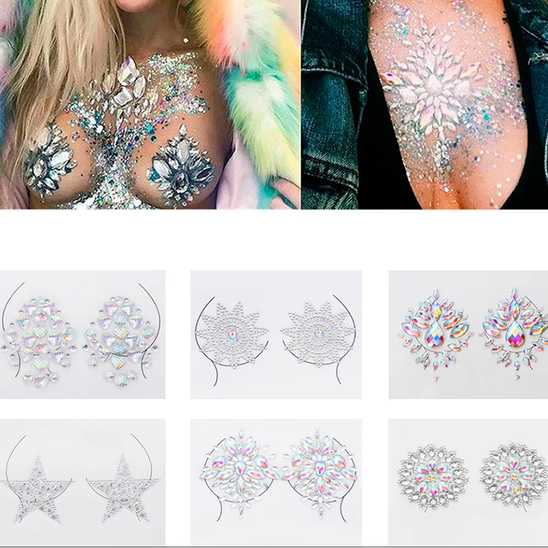 

3D Crystal Chest Jewels Temporary Tattoo Sticker Rhinestone Flash Tattoos Adhesive Face Jewel Chest Gem Body Paint Sticker Stage