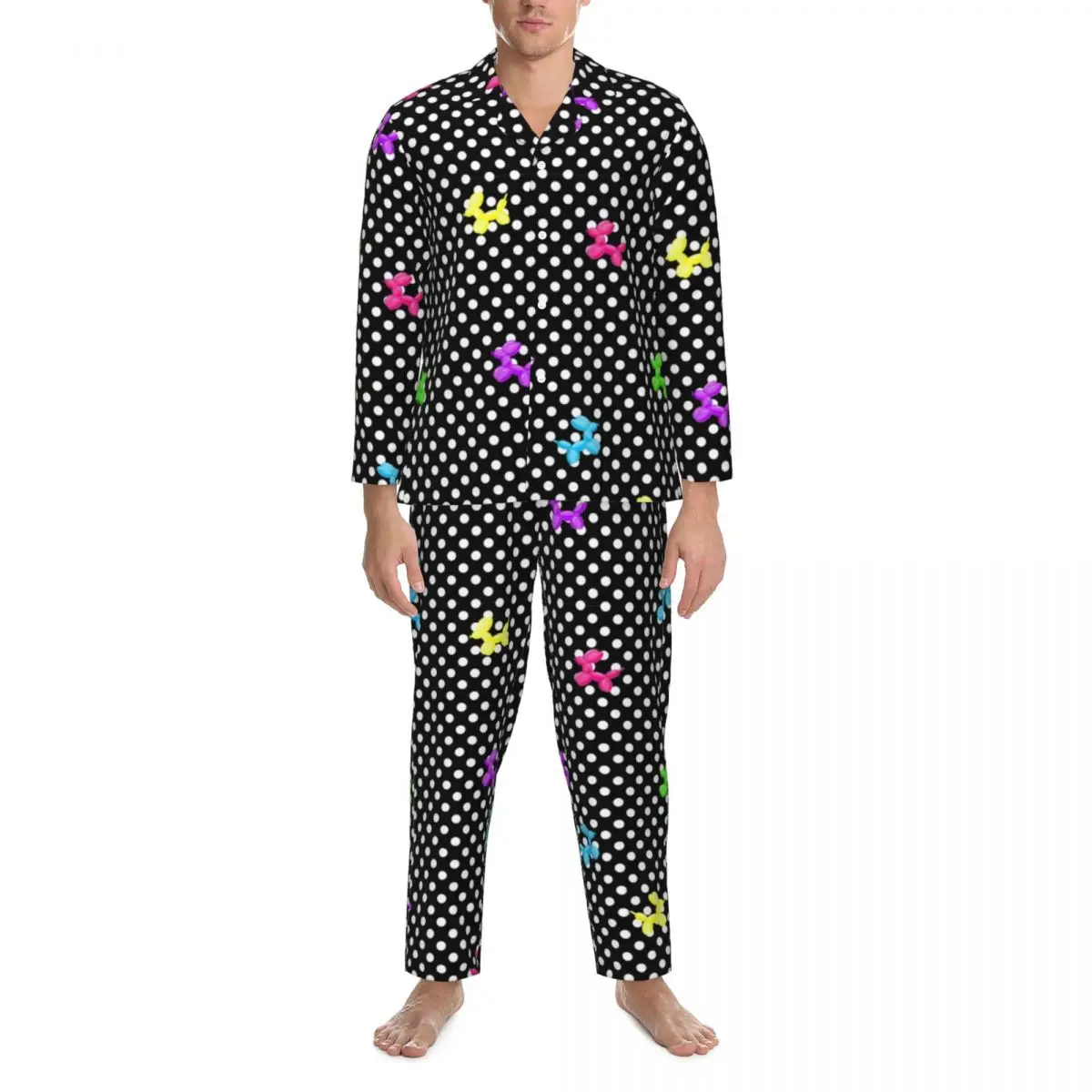 Colorful Balloon Dogs Pajamas Male Polka Dots Print Cute Soft Daily Nightwear Autumn 2 Pieces Retro Oversize Pattern Pajama Sets