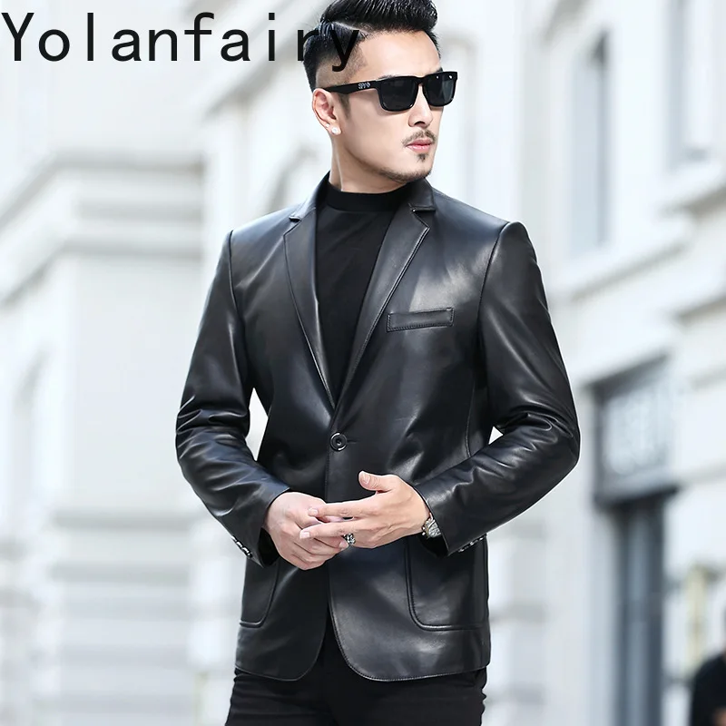 YOLANFAIRY Genuine Leather Sheepskin Jackets for Men Spring Autumn Black Coats Slim-fit Suit Jacket Blaisers Para Hombre