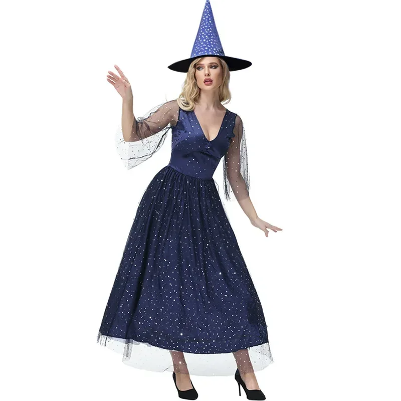 Halloween adulto com decote em v gaze azul estrela lua bruxa cosplay traje