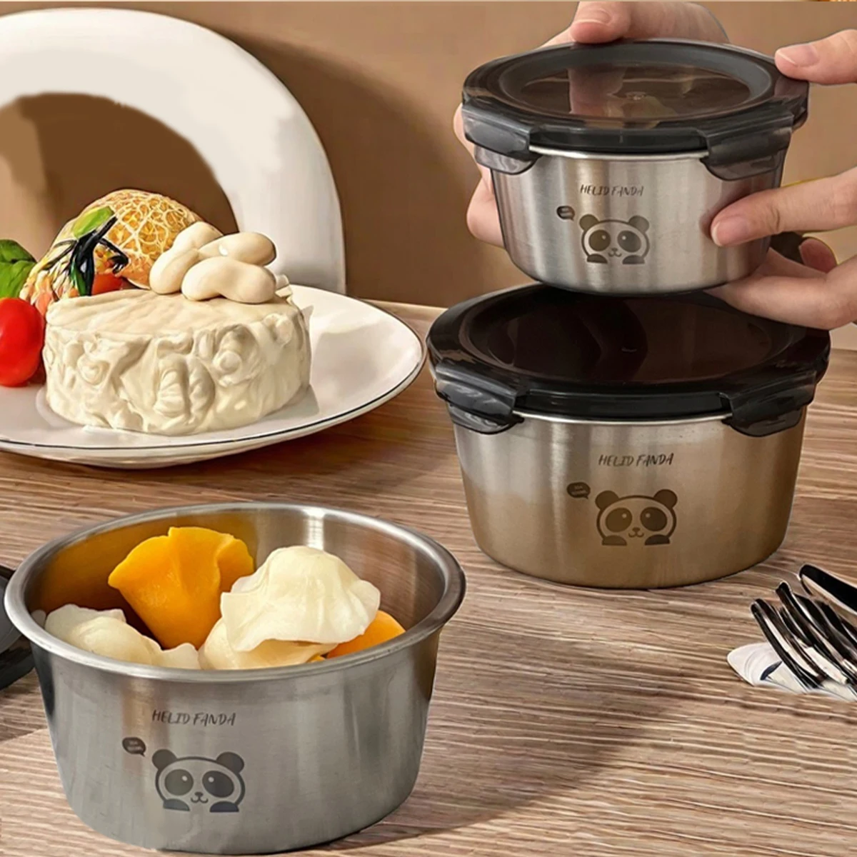 WORTHBUY Sealed Lunch Container With Lid 304 Stainless Steel Round Lunch Box Refrigerator Fresh-keeping Box Microwave&Oven Safe