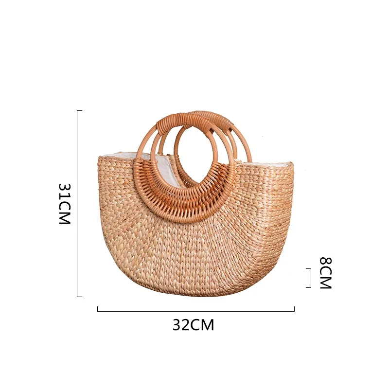 Khaki Handmade Straw Tote Bag Large Capacity Rattan Handbag Seaside Vacation Top-handle Bags No Zipper Bags Photo Decoration Bag