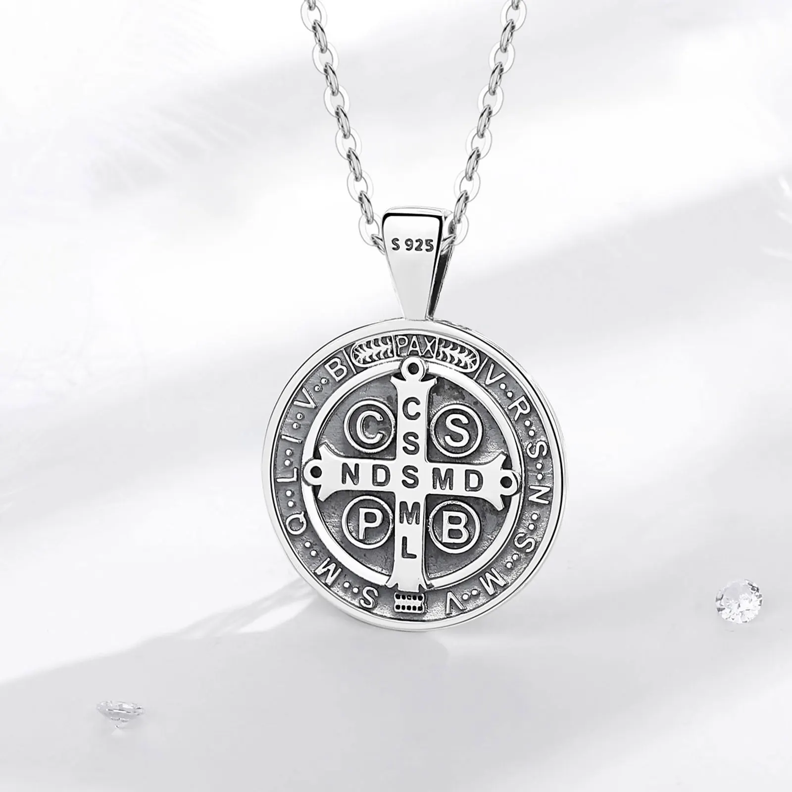 Eudora 925 Sterling Silver Saint Benedict Necklace Vintage Cross Amulet Religious Pendant Men Women Exquisite Jewelry Gift