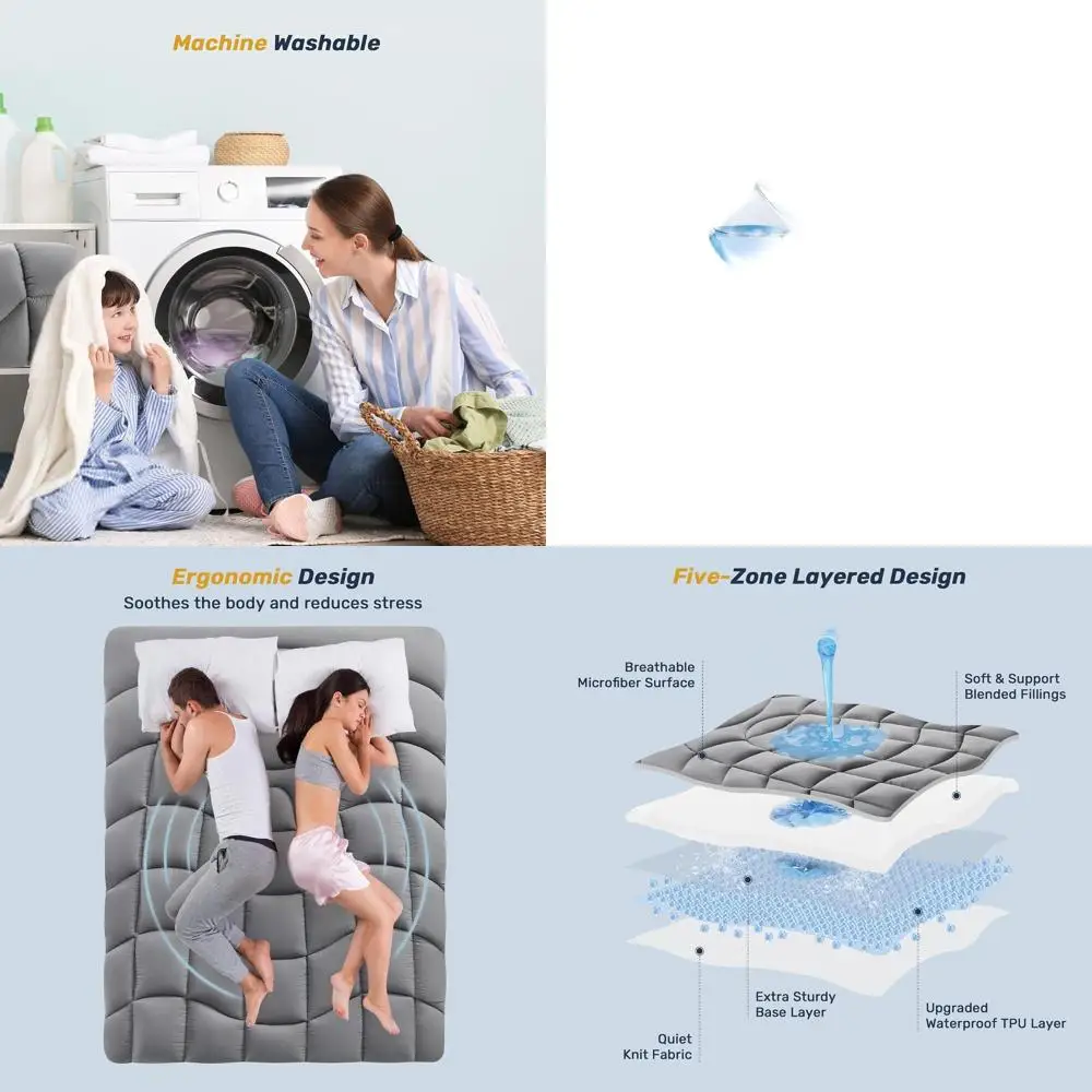 

Waterproof Ergonomic Quilted Mattress Pad for Back Pain Relief - Breathable, Deep Pocket, Noiseless, Machine Washable (Grey, 78x