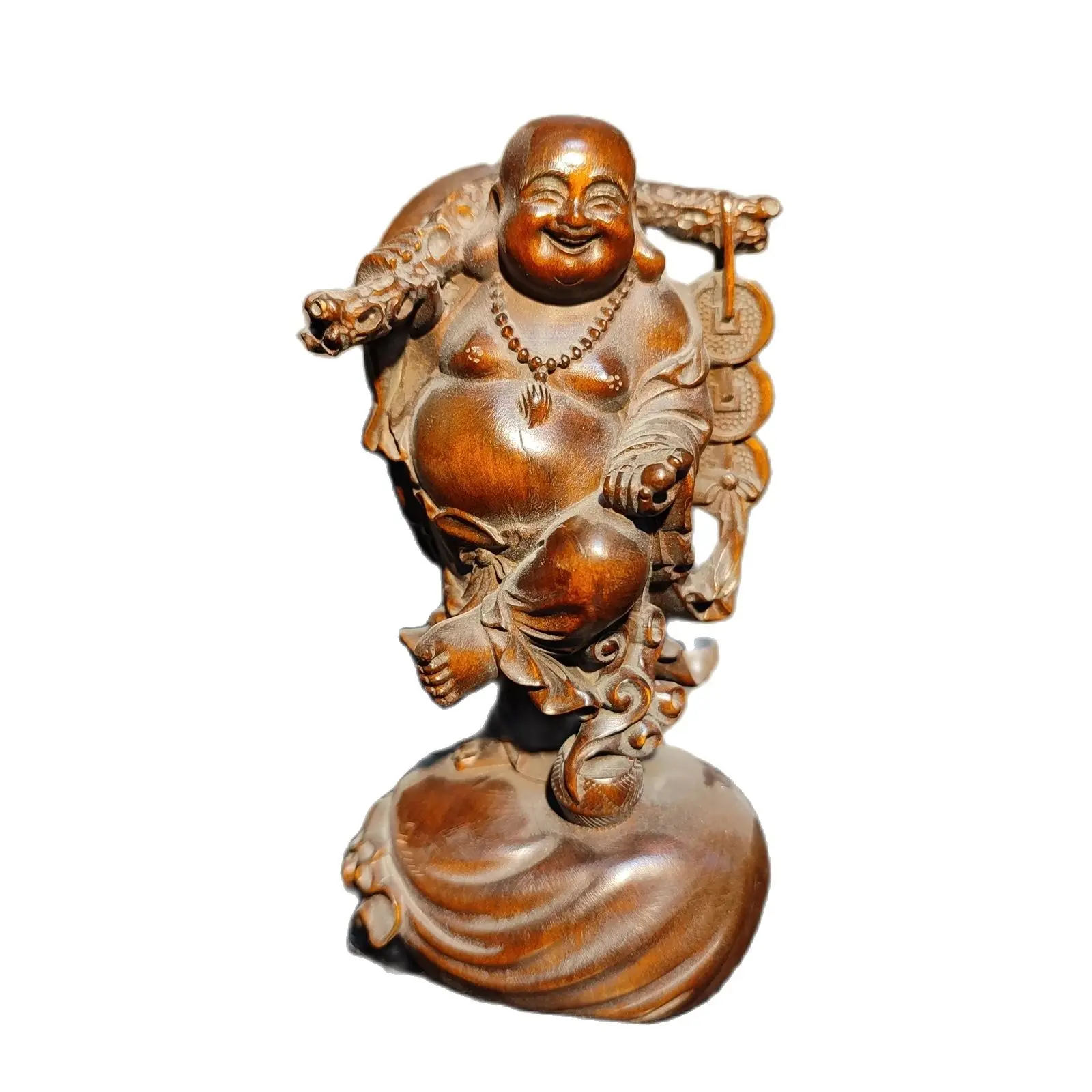 

Boxwood carving wooden buddha statue laughing Amitabha sculptures decor figurine