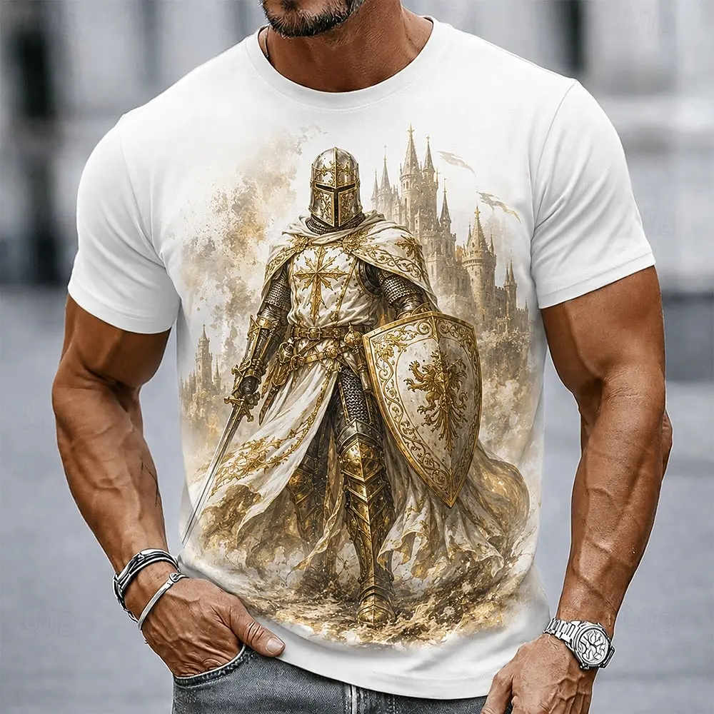 Herren Mittelalterliches Goldenes Ritter-Löwen-Adler-Schloss-Print T-Shirt Vintage Kreuzritter-Krieger Grafik Rundhals Kurzarm-Shirt – Detail 6