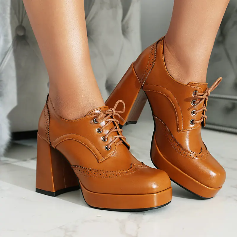 

Vintage Womens Platform High Chunky Heel 11CM Lace Up Casual Carved Pumps Shoes