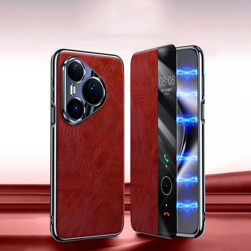 For Huawei Pura 80 Ultra/80 Pro +/80 Pro/80 Genuine Leather Flip Cover with Window View Military Grade Shockproof Case