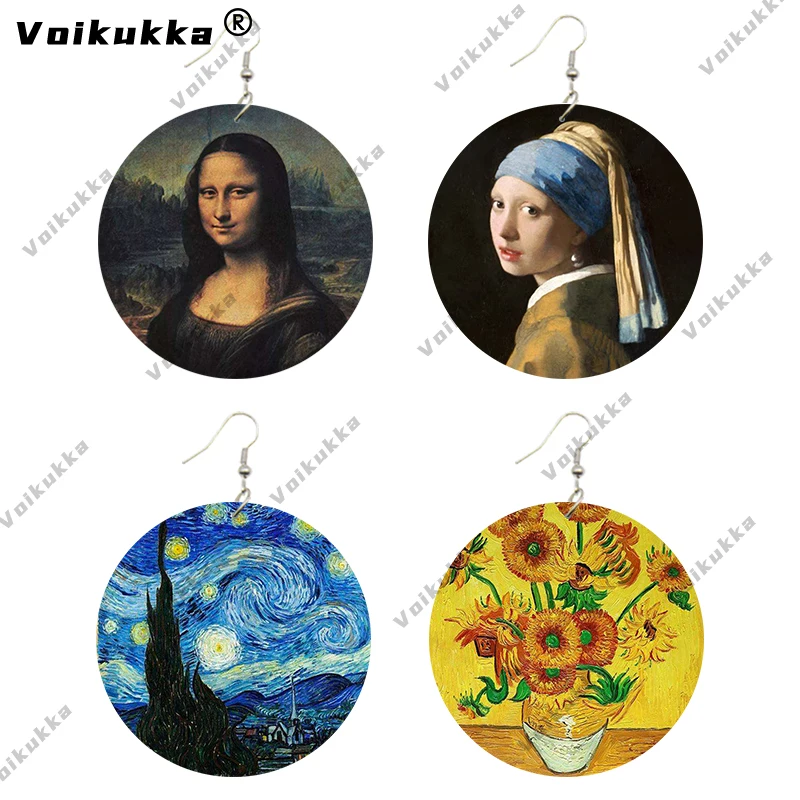 Pintura al óleo de Mona Lisa Van Gogh para mujer, pendientes de noche estrellada con perlas, patrón de madera, impresión por ambos lados, regalos