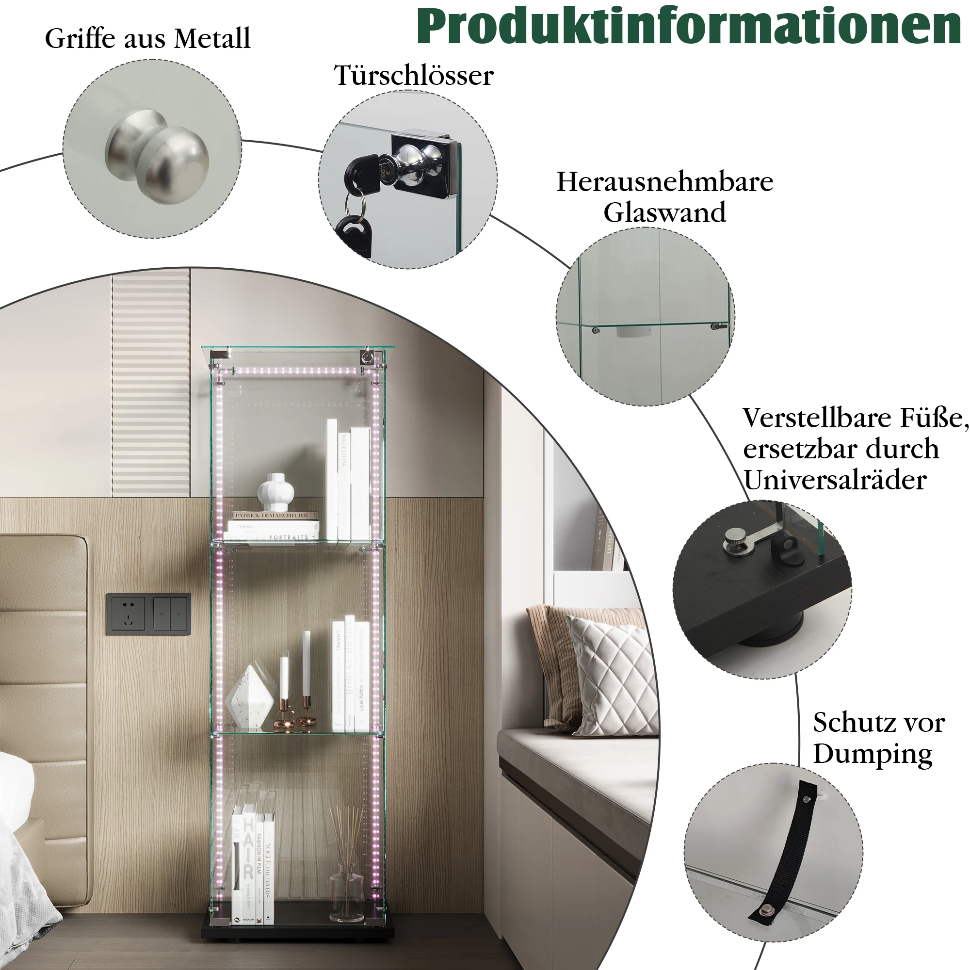 حافظة عرض زجاجية من Lazyspace مكونة من 3 طبقات، حافظة عرض عمودية بباب واحد، حافظة عرض خشبية للمقتنيات، 123.3x39.8x35 سم #4