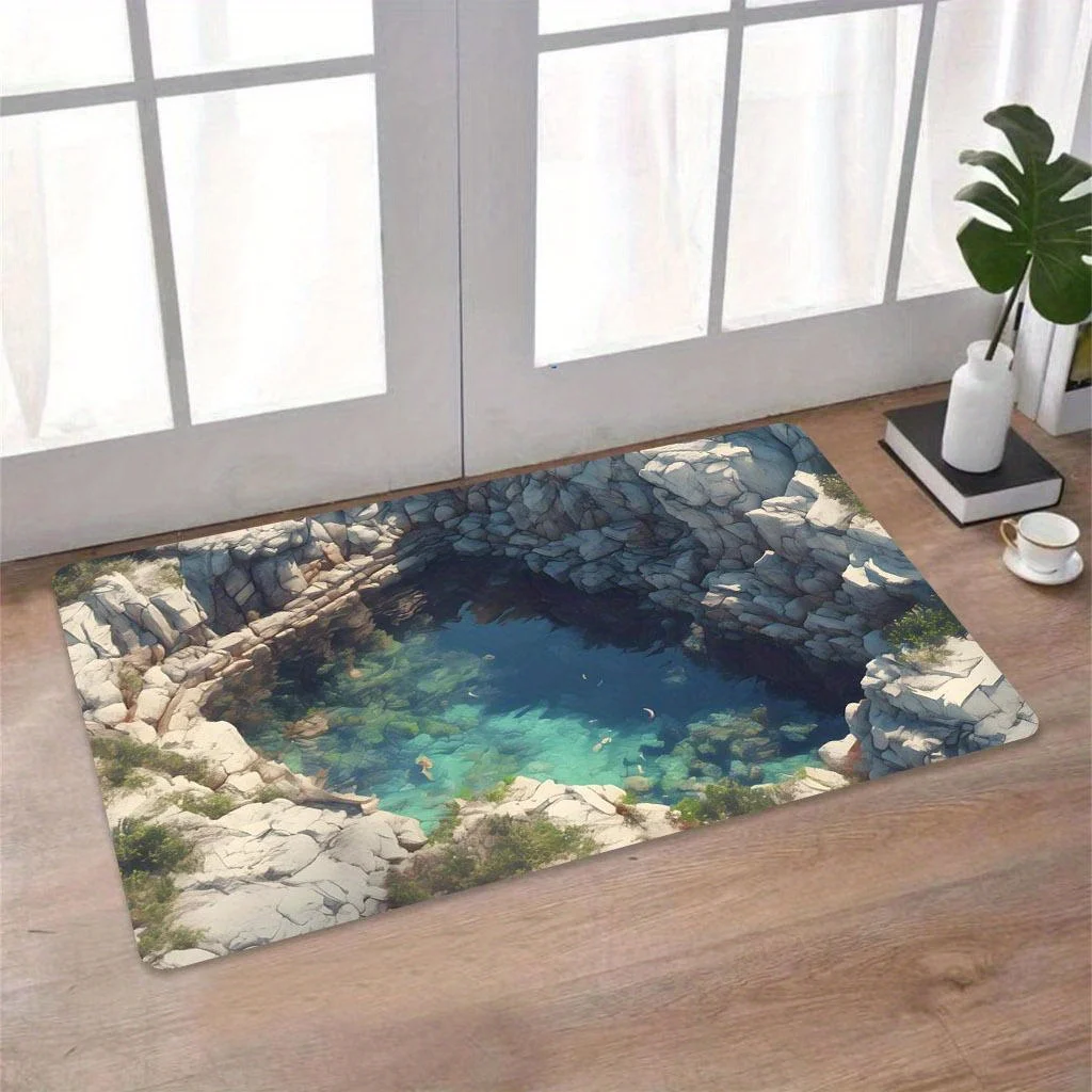 Rocky Pool Illusion Rug - 3D Waterfall Effect, Creative Entrance Mat, Unique Home Decor Anti slip carpet can be machine washed