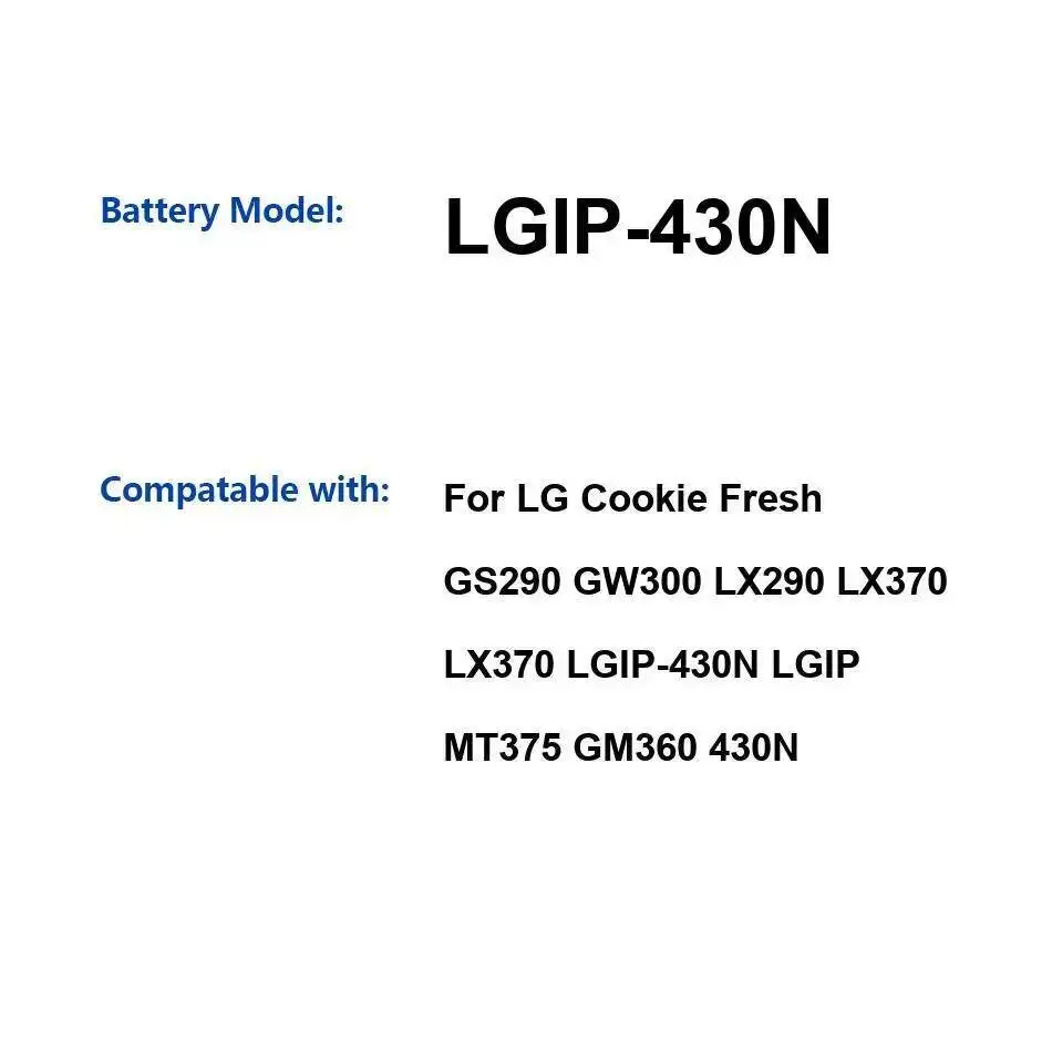 

Аккумулятор мобильного телефона 900 мАч для LG Cookie Fresh GS290 GW300 LX290 LX370 Lgip-430N Lgip MT375 GM360 430N
