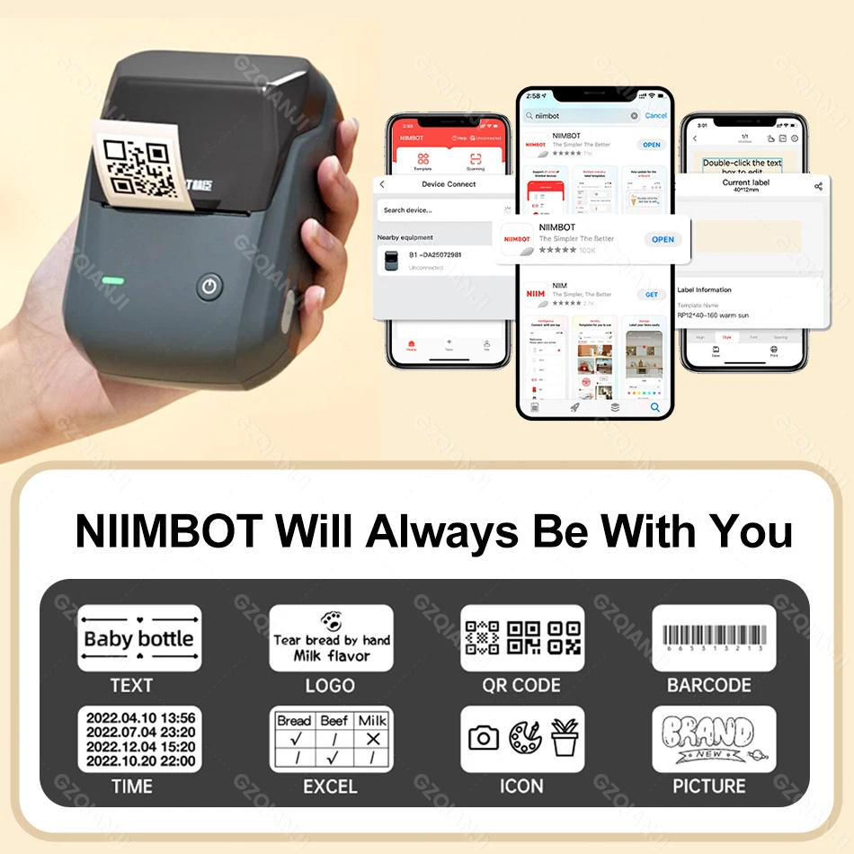 Niimbot B1 Portable Portable Label Printer Bluetooth Wireless Mobile Self-adhesive Sticker Paper Roll Labeling Machine Jewelry