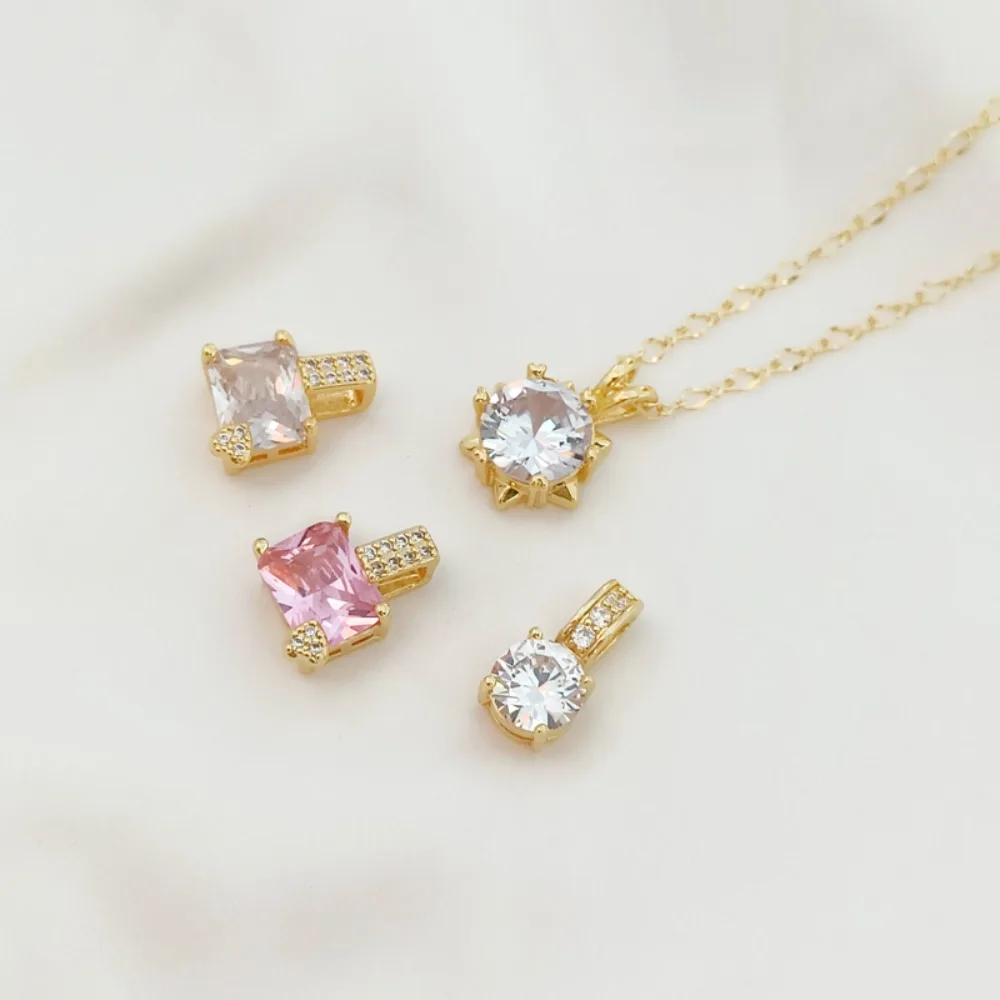 14K Gold-plated Light Gold Inlaid with Transparent Zircon Crystal Square and Round Pendant DIY Handcrafted Pendant